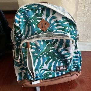 Jansport Backpack Green Leaves Print Brown Leather Bottom Laptop pocket